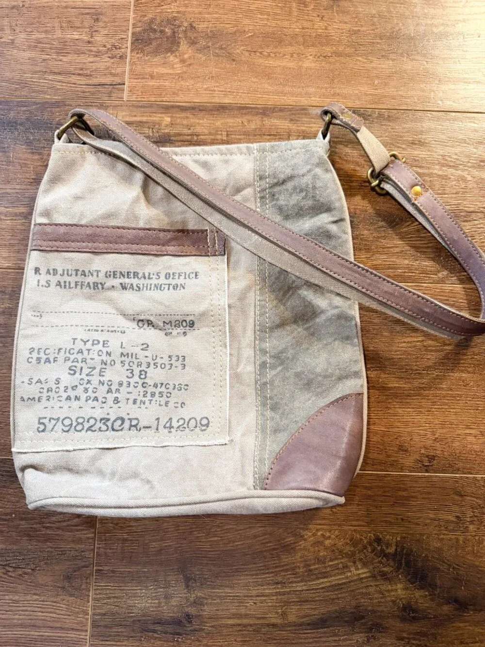 Mona B “Identified” Upcycled Canvas Crossbody Bag Vegan Leather Distressed - Picture 8 of 10
